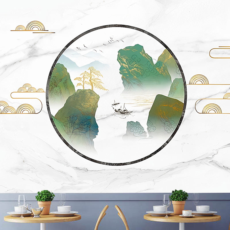 Illustration Mountain Mural Full Size Wall Art for Accent Wall, Custom-Printed White-Green Clearhalo 'Wall Decor' 'Wall Mural' 969520