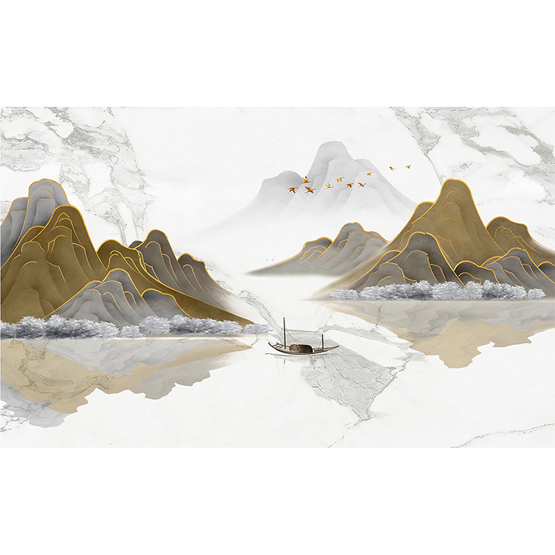 Chinese Green and White Mural with Mountain and Lake Pattern for Coffee Shop, Non-Woven Material Clearhalo 'Wall Decor' 'Wall Mural' 969533