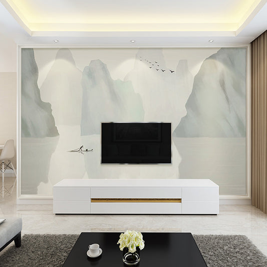 Giant Boat and Mountain Mural for Home Decoration Misty Lake Wall Covering in Grey and White, Moisture-Resistant Clearhalo 'Wall Decor' 'Wall Mural' 969542