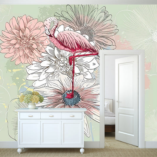Nostalgic Chrysanthemum Wall Art for Accent Wall, Green and Pink, Custom Size Available