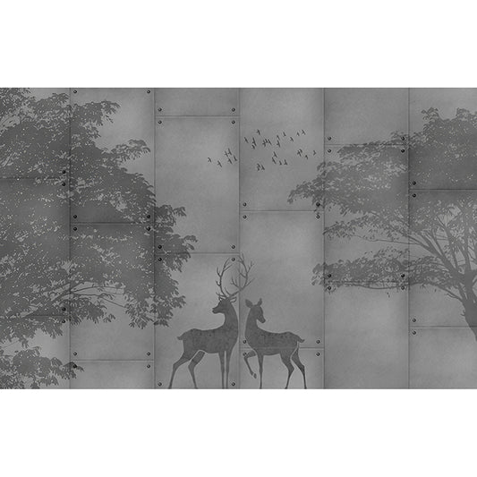 Traditional Deer and Forest Mural in Grey Non-Woven Fabric Wall Covering for Home Decor, Custom-Made