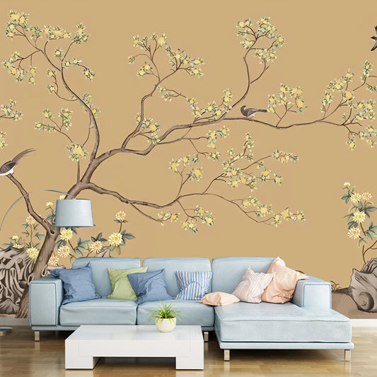 Yellow Color Nostalgic Wall Art Extra Large Bird and Flower Mural Wallpaper for Kitchen Clearhalo 'Wall Decor' 'Wall Mural' 969607