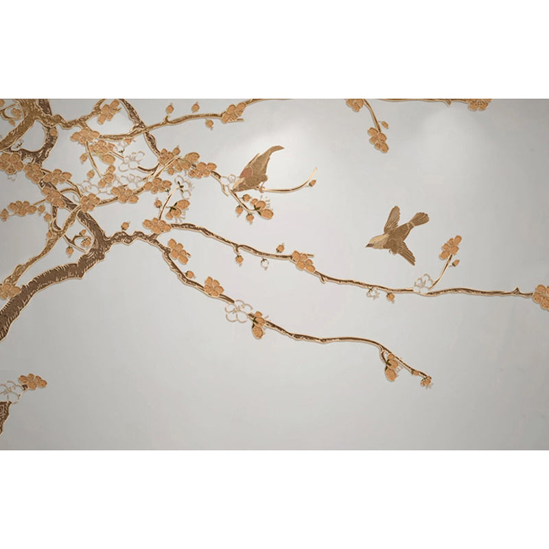 Traditional Flower and Bird Mural for Home Decor, Yellow and Grey, Custom Size Available Clearhalo 'Wall Decor' 'Wall Mural' 969618