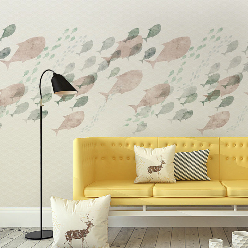 Pink and White Fish Mural Water-Resistant Wall Art for Kitchen and Bedroom Clearhalo 'Wall Decor' 'Wall Mural' 969621