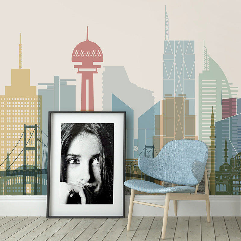 Extra Large Illustration Building Mural for Office Room, Pastel Color, Made to Measure Clearhalo 'Wall Decor' 'Wall Mural' 969626