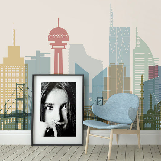 Extra Large Illustration Building Mural for Office Room, Pastel Color, Made to Measure Clearhalo 'Wall Decor' 'Wall Mural' 969626