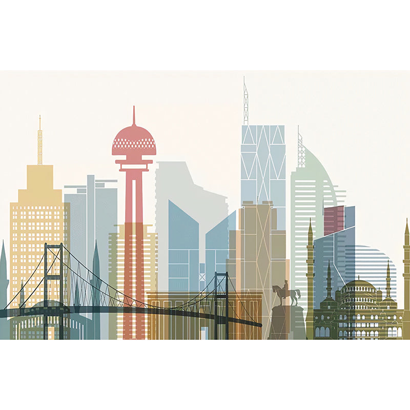 Extra Large Illustration Building Mural for Office Room, Pastel Color, Made to Measure Clearhalo 'Wall Decor' 'Wall Mural' 969628