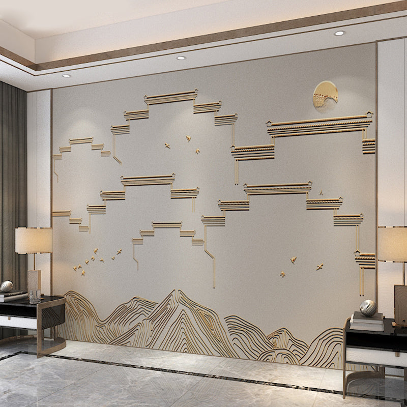 Moisture-Resistant Mural Wallpaper City Wall and Mountain Non-Woven Fabric Classic Wall Decor in Grey and Gold for Gallery Clearhalo 'Wall Decor' 'Wall Mural' 969631