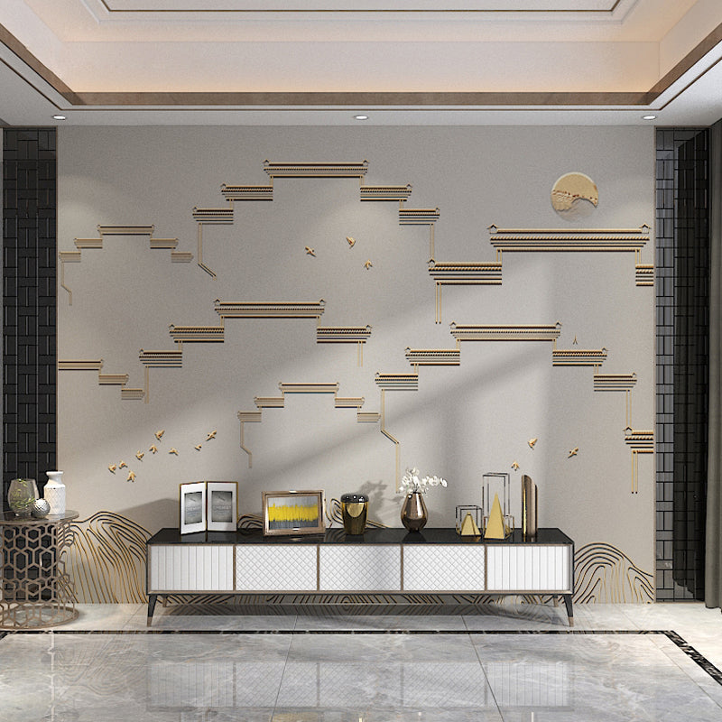 Moisture-Resistant Mural Wallpaper City Wall and Mountain Non-Woven Fabric Classic Wall Decor in Grey and Gold for Gallery Clearhalo 'Wall Decor' 'Wall Mural' 969632