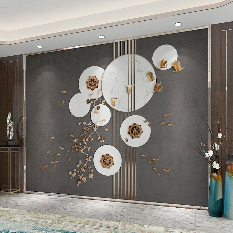 Extra Large Chinese Traditional Mural Grey 3D Print Plum Flower and Fish Wall Covering, Personalized Size Available Clearhalo 'Wall Decor' 'Wall Mural' 969641