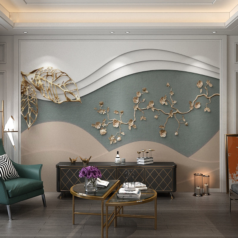 Pink and Green Nostalgic Mural Customized Size 3D Print Plum Blossom Wall Decor for Guest Room Green Khaki Clearhalo 'Wall Decor' 'Wall Mural' 969645