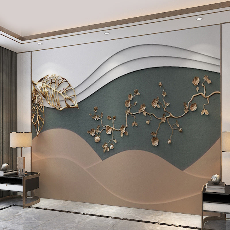 Pink and Green Nostalgic Mural Customized Size 3D Print Plum Blossom Wall Decor for Guest Room Clearhalo 'Wall Decor' 'Wall Mural' 969646