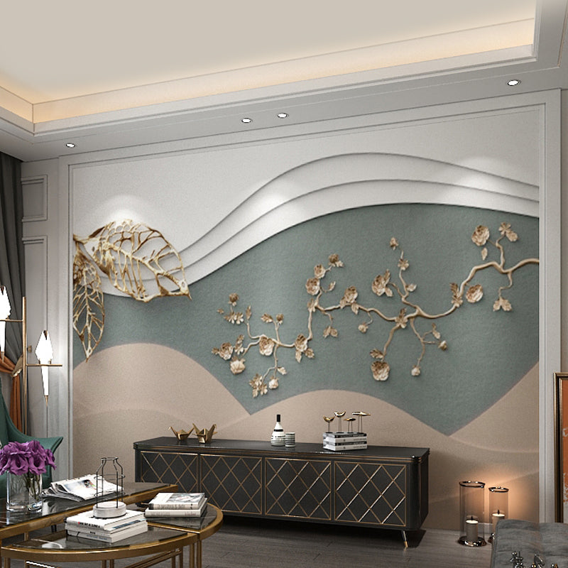 Pink and Green Nostalgic Mural Customized Size 3D Print Plum Blossom Wall Decor for Guest Room Clearhalo 'Wall Decor' 'Wall Mural' 969647