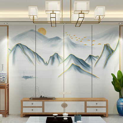 Blue Mountain and Sunrise Mural Moisture-Resistant Wall Covering for Bedroom Blue Clearhalo 'Wall Decor' 'Wall Mural' 969665