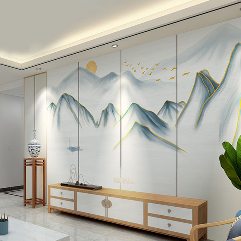 Blue Mountain and Sunrise Mural Moisture-Resistant Wall Covering for Bedroom Clearhalo 'Wall Decor' 'Wall Mural' 969666