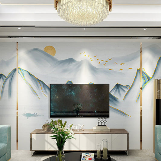 Blue Mountain and Sunrise Mural Moisture-Resistant Wall Covering for Bedroom Clearhalo 'Wall Decor' 'Wall Mural' 969667