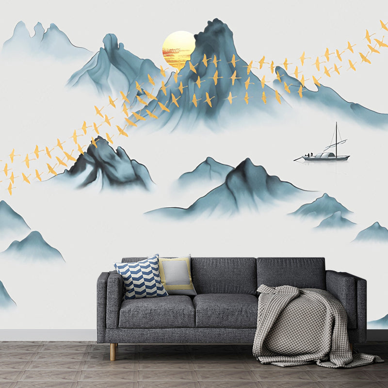 Illustration Style Mountain Wall Decor Extra Large Wall Art for Coffee Shop, Custom-Made Blue-Green Clearhalo 'Wall Decor' 'Wall Mural' 969670