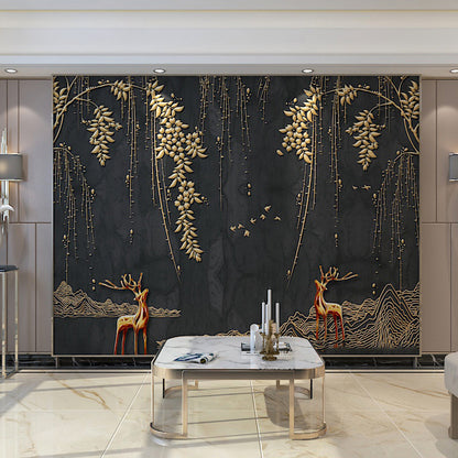 Full Size Illustration Nostalgic Mural for Commercial Use with Deer and Willow in Gold and Black Black-Gold Clearhalo 'Wall Decor' 'Wall Mural' 969710