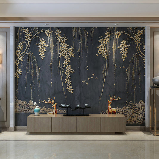 Full Size Illustration Nostalgic Mural for Commercial Use with Deer and Willow in Gold and Black Clearhalo 'Wall Decor' 'Wall Mural' 969711