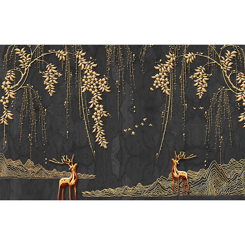 Full Size Illustration Nostalgic Mural for Commercial Use with Deer and Willow in Gold and Black Clearhalo 'Wall Decor' 'Wall Mural' 969713