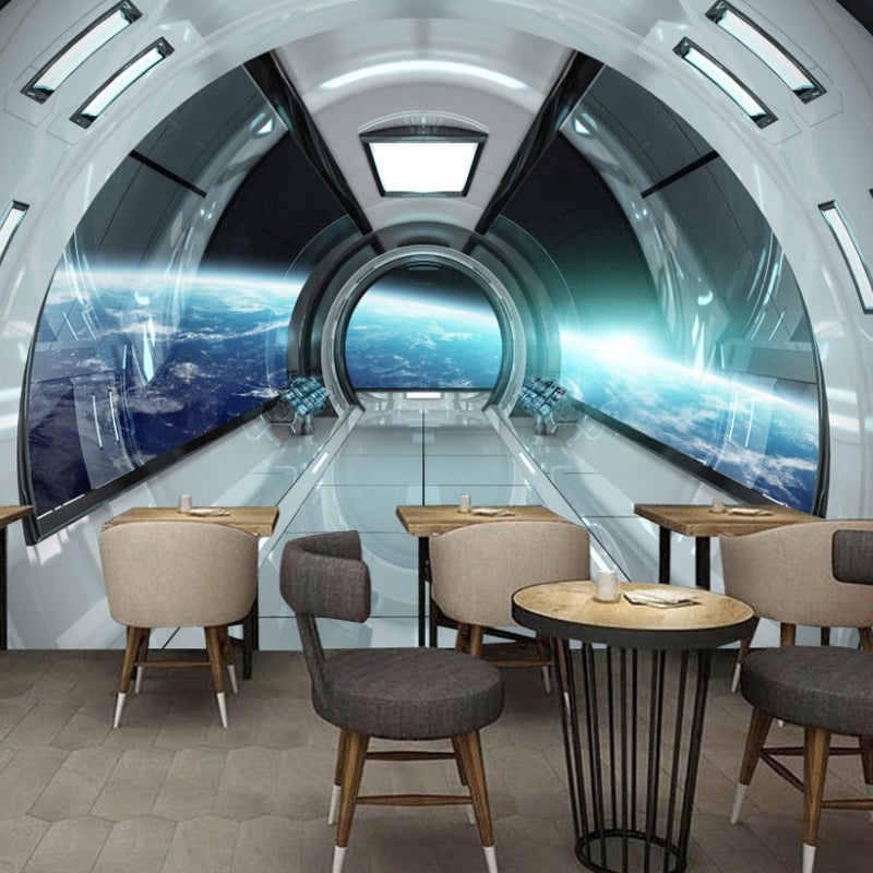 Photo Minimalist Mural Wallpaper in Grey and Green 3D Tunnel Wall Decor, Custom-Printed Blue-Silver Clearhalo 'Wall Decor' 'Wall Mural' 969770