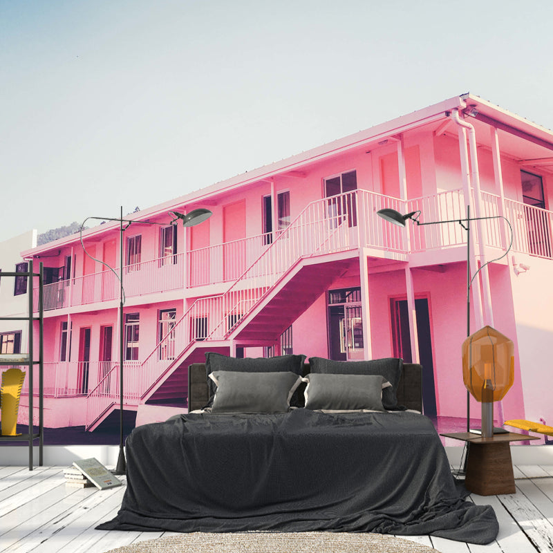 Full Photo Romantic Mural Wallpaper for Girl's Bedroom with European Construction in Pastel Pink Pink Clearhalo 'Wall Decor' 'Wall Mural' 969785
