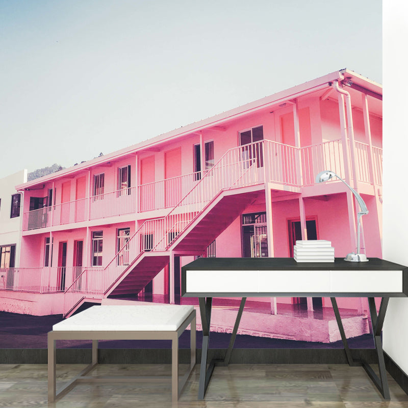 Full Photo Romantic Mural Wallpaper for Girl's Bedroom with European Construction in Pastel Pink Clearhalo 'Wall Decor' 'Wall Mural' 969786