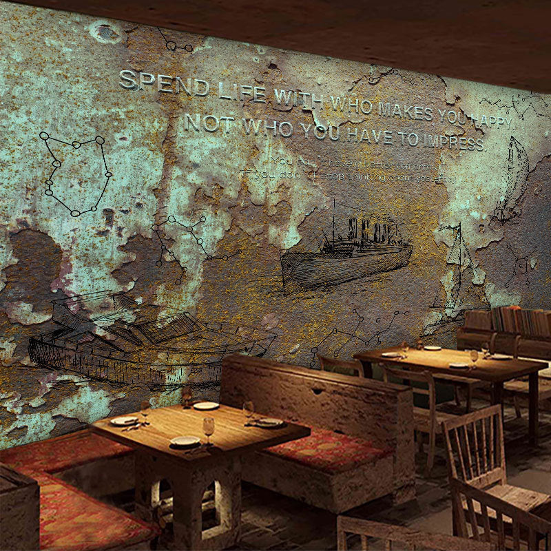 Illustration Rusty Iron Wall Mural Extra Large Wall Covering for Restaurant, Made to Measure Green-Coffee Clearhalo 'Wall Decor' 'Wall Mural' 969810