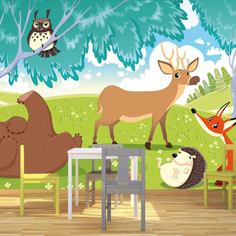 Forest and Animal Mural Wallpaper in Blue and Green, Contemporary Wall Art for Children's Bedroom Aqua Clearhalo 'Wall Decor' 'Wall Mural' 969820