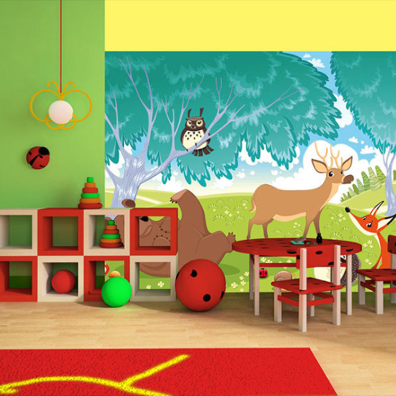 Forest and Animal Mural Wallpaper in Blue and Green, Contemporary Wall Art for Children's Bedroom Clearhalo 'Wall Decor' 'Wall Mural' 969821