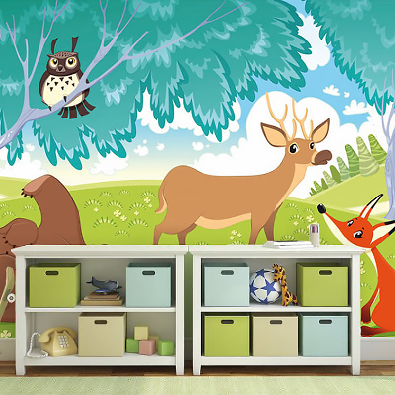 Forest and Animal Mural Wallpaper in Blue and Green, Contemporary Wall Art for Children's Bedroom Clearhalo 'Wall Decor' 'Wall Mural' 969822