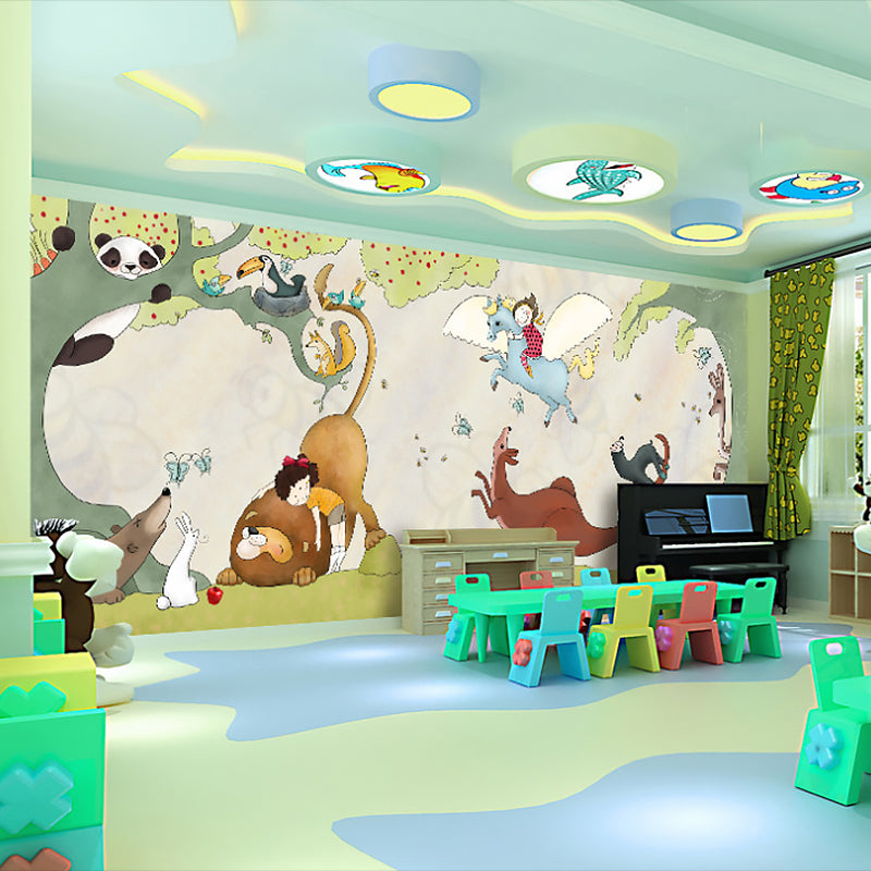 Illustration Cartoon Animal Mural for Children 3D Effect Wall Covering for Kid's Bedroom Green-Coffee Clearhalo 'Wall Decor' 'Wall Mural' 969825