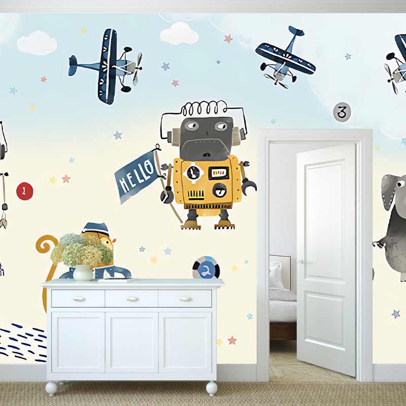 Extra Large Illustration Simple Mural Wallpaper for Boy or Girl with Cartoon Animal and Airplane in Blue and Beige Clearhalo 'Wall Decor' 'Wall Mural' 969831