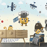 Extra Large Illustration Simple Mural Wallpaper for Boy or Girl with Cartoon Animal and Airplane in Blue and Beige Clearhalo 'Wall Decor' 'Wall Mural' 969832