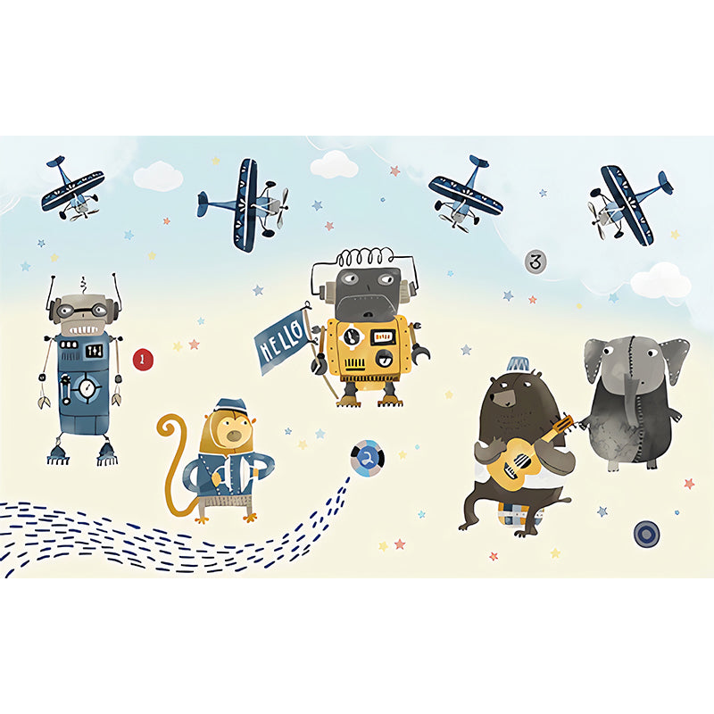 Extra Large Illustration Simple Mural Wallpaper for Boy or Girl with Cartoon Animal and Airplane in Blue and Beige Clearhalo 'Wall Decor' 'Wall Mural' 969833