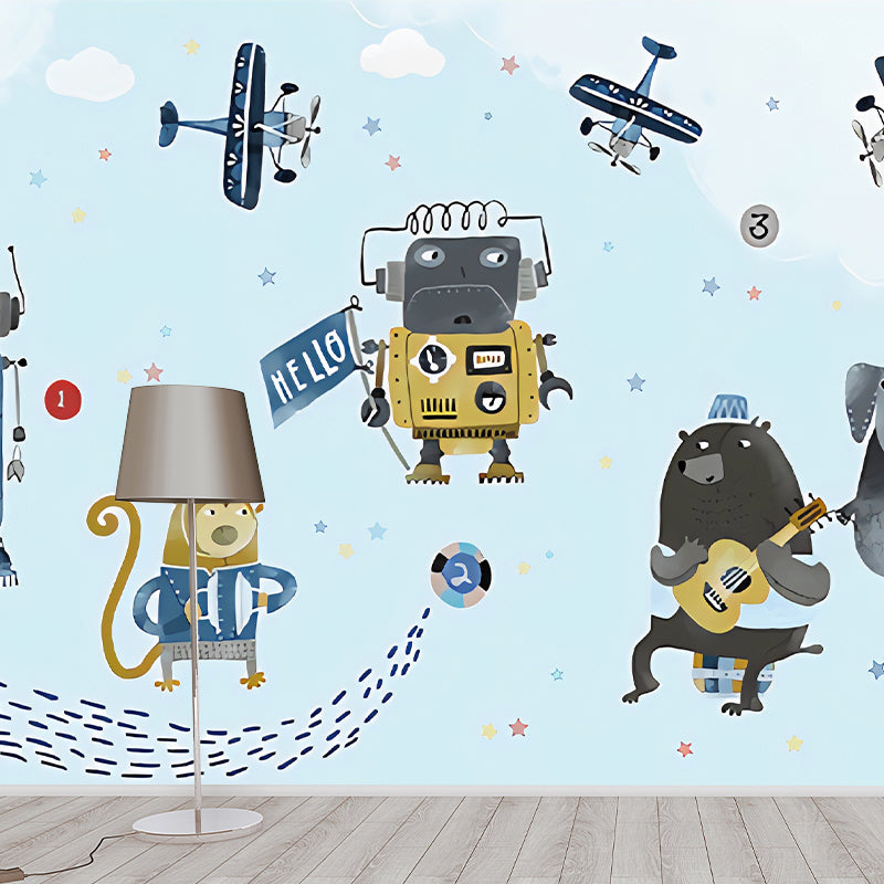 Extra Large Illustration Simple Mural Wallpaper for Boy or Girl with Cartoon Animal and Airplane in Blue and Beige Sky Blue Clearhalo 'Wall Decor' 'Wall Mural' 969835
