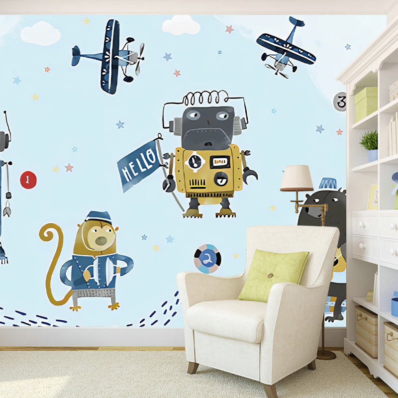 Extra Large Illustration Simple Mural Wallpaper for Boy or Girl with Cartoon Animal and Airplane in Blue and Beige Clearhalo 'Wall Decor' 'Wall Mural' 969836