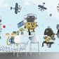 Extra Large Illustration Simple Mural Wallpaper for Boy or Girl with Cartoon Animal and Airplane in Blue and Beige Clearhalo 'Wall Decor' 'Wall Mural' 969837