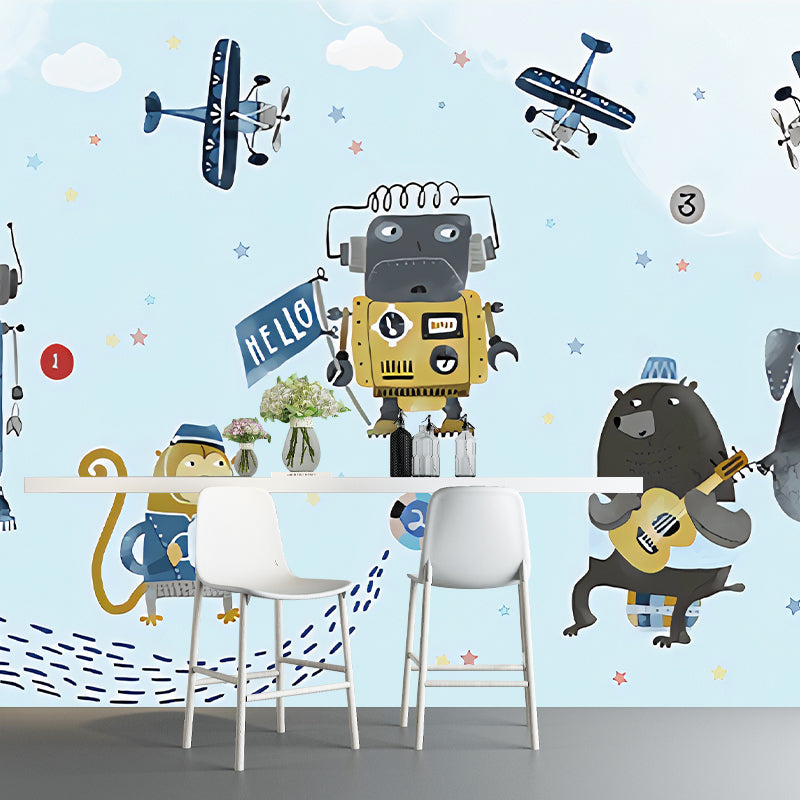 Extra Large Illustration Simple Mural Wallpaper for Boy or Girl with Cartoon Animal and Airplane in Blue and Beige Clearhalo 'Wall Decor' 'Wall Mural' 969837