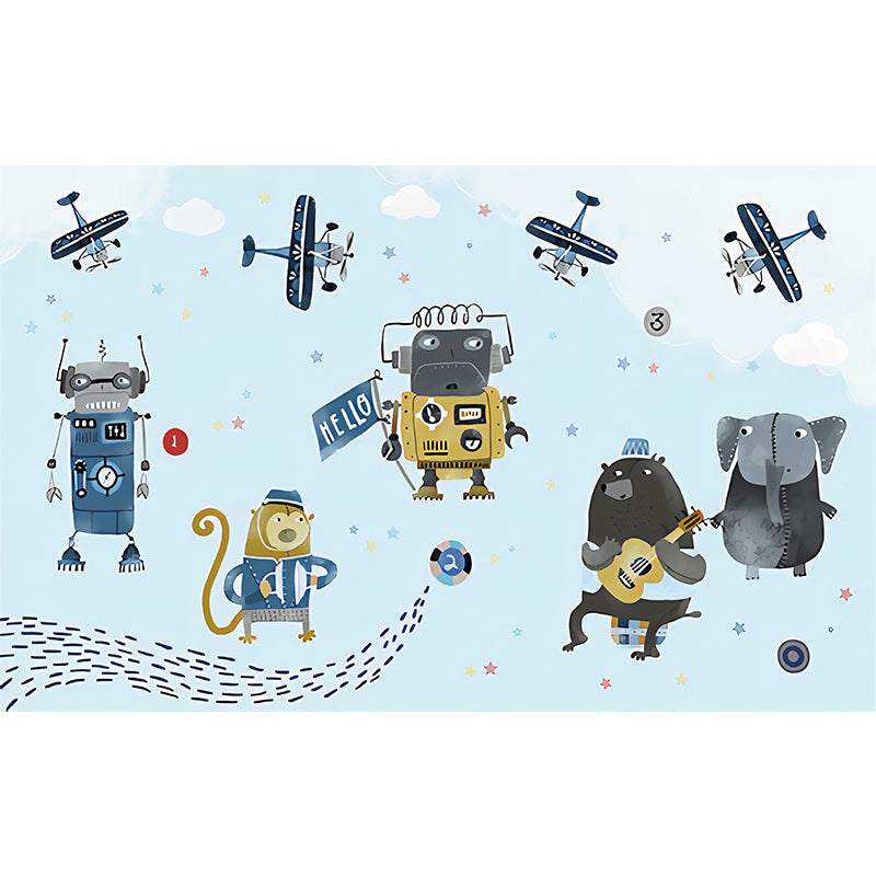 Extra Large Illustration Simple Mural Wallpaper for Boy or Girl with Cartoon Animal and Airplane in Blue and Beige Clearhalo 'Wall Decor' 'Wall Mural' 969838