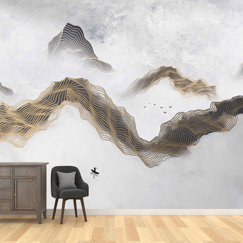 Illustration Mountain and Cloud Mural Extra Large Wall Decor for Living Room, Personalized Size Available Gray-Coffee Clearhalo 'Wall Decor' 'Wall Mural' 969890
