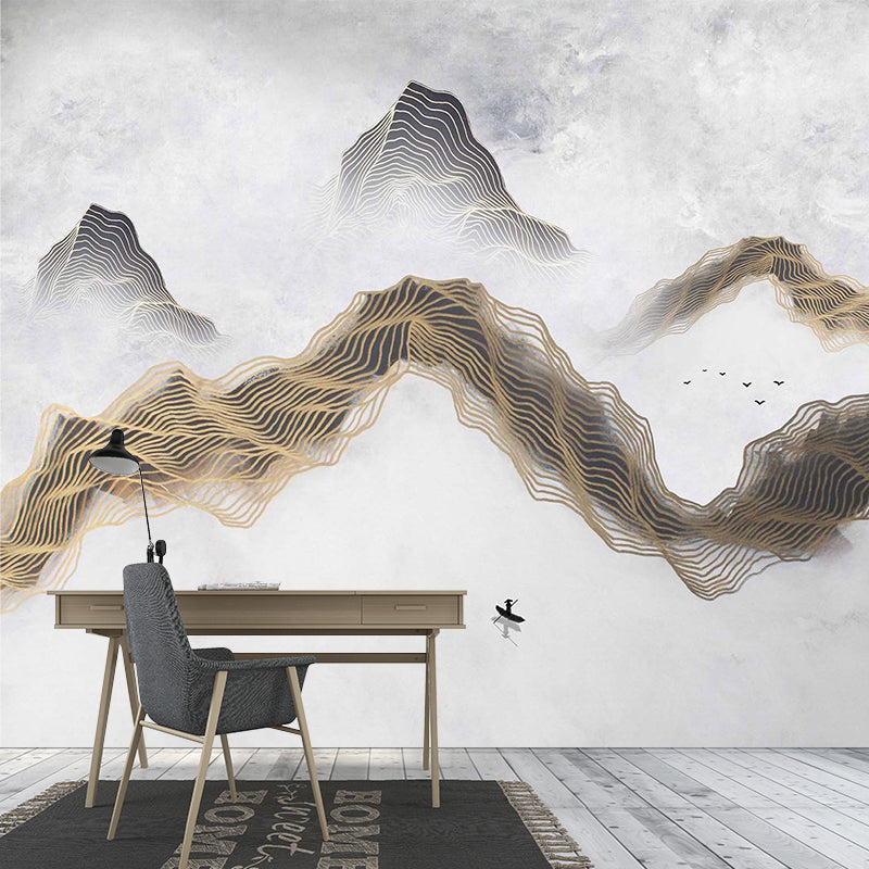 Illustration Mountain and Cloud Mural Extra Large Wall Decor for Living Room, Personalized Size Available Clearhalo 'Wall Decor' 'Wall Mural' 969891