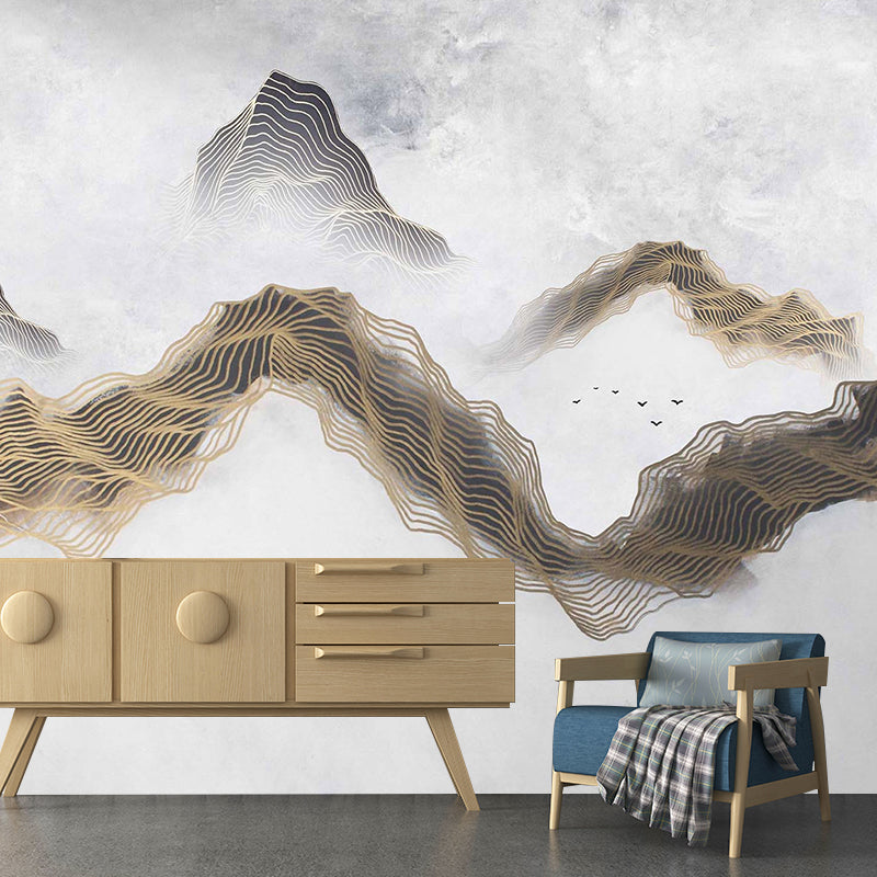 Illustration Mountain and Cloud Mural Extra Large Wall Decor for Living Room, Personalized Size Available Clearhalo 'Wall Decor' 'Wall Mural' 969892