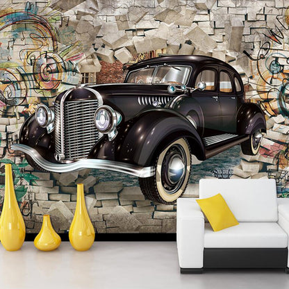 Waterproofing Car and Brick Mural Personalized Size Wall Covering for Coffee Shop Black-Brown Clearhalo 'Wall Decor' 'Wall Mural' 969909