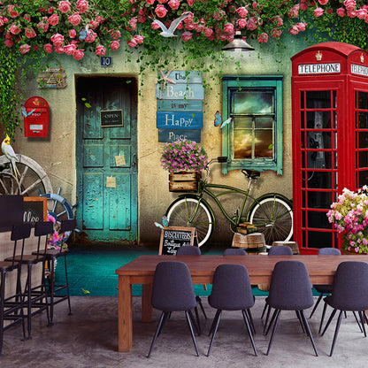 European Street Wall Mural for Accent Wall, Pastel Color, Personalized Size Available Pink-Green Clearhalo 'Wall Decor' 'Wall Mural' 969998