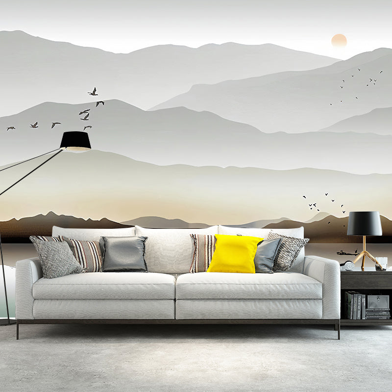 Personalized Illustration Traditional Wall Mural for Bedroom with Mountain and River Design in Grey Light Gray-Yellow Clearhalo 'Wall Decor' 'Wall Mural' 970146