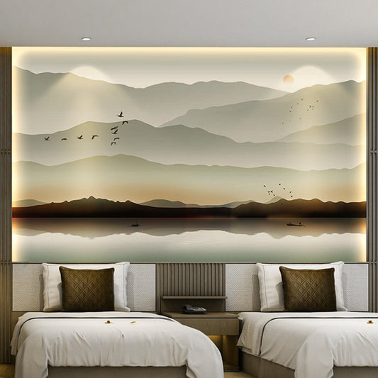 Personalized Illustration Traditional Wall Mural for Bedroom with Mountain and River Design in Grey Clearhalo 'Wall Decor' 'Wall Mural' 970147