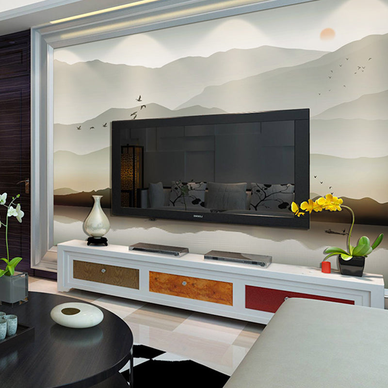 Personalized Illustration Traditional Wall Mural for Bedroom with Mountain and River Design in Grey Clearhalo 'Wall Decor' 'Wall Mural' 970148