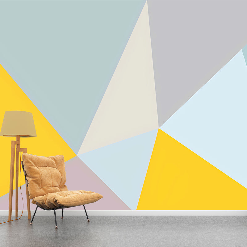 Personalized Size Illustration Wall Mural for Living Room with Color Block in Blue and Yellow Clearhalo 'Wall Decor' 'Wall Mural' 975206