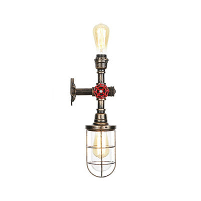Metal Antique Bronze Wall Sconce Light Wire Guard 1 Bulb Nautical Style Wall Fixture Light with Pipe and Valve Antique Bronze Clearhalo 'Art deco wall lights' 'Cast Iron' 'Glass' 'Industrial wall lights' 'Industrial' 'Middle century wall lights' 'Modern' 'Rustic wall lights' 'Tiffany' 'Traditional wall lights' 'Wall Lamps & Sconces' 'Wall Lights' Lighting' 97663